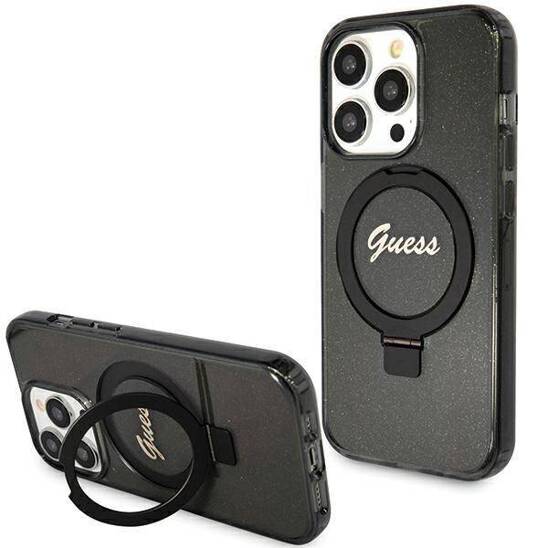 GUESS GUHMP13LHRSGSK iPhone 13 Pro black hardcase Ring Stand Script Glitter MagSafe