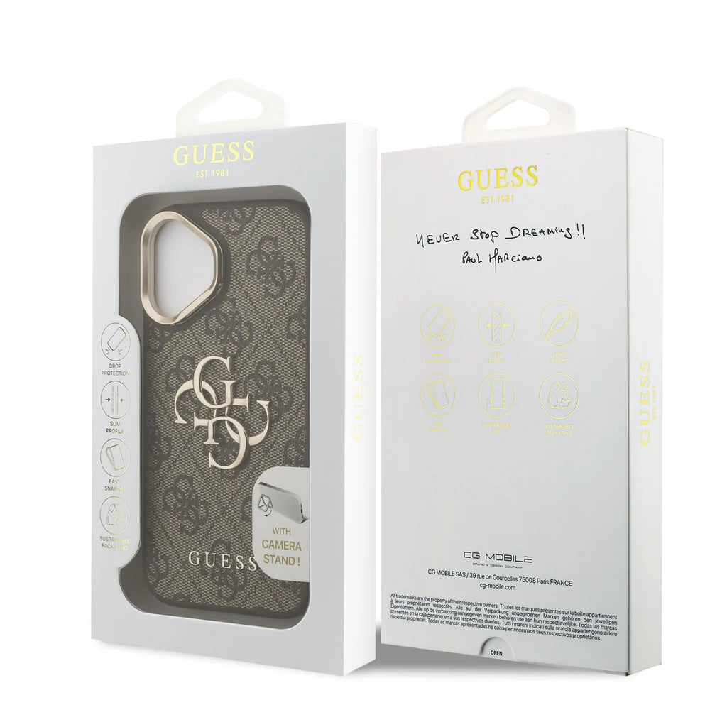 Guess GUHCP16SPCS4GP4W PU 4G Metal Logo Stand Camera Frame tok iPhone 16 Brown
