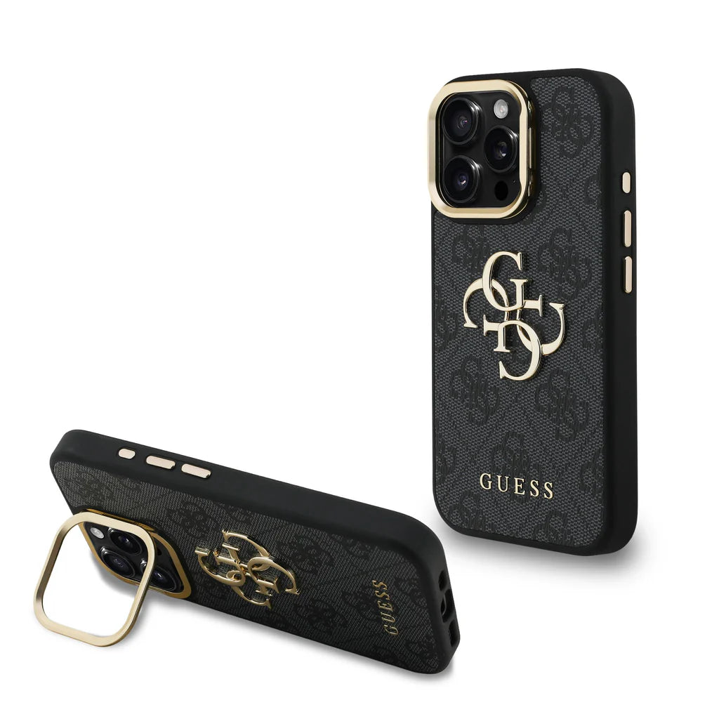 Guess GUHCP16XPCS4GP4K PU 4G Metal Logo Stand Camera Frame tok iPhone 16 Pro Max Black