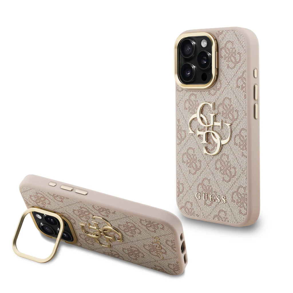 Guess GUHCP15LPCS4GP4P PU 4G Metal Logo Stand Camera Frame tok iPhone 15 Pro Pink