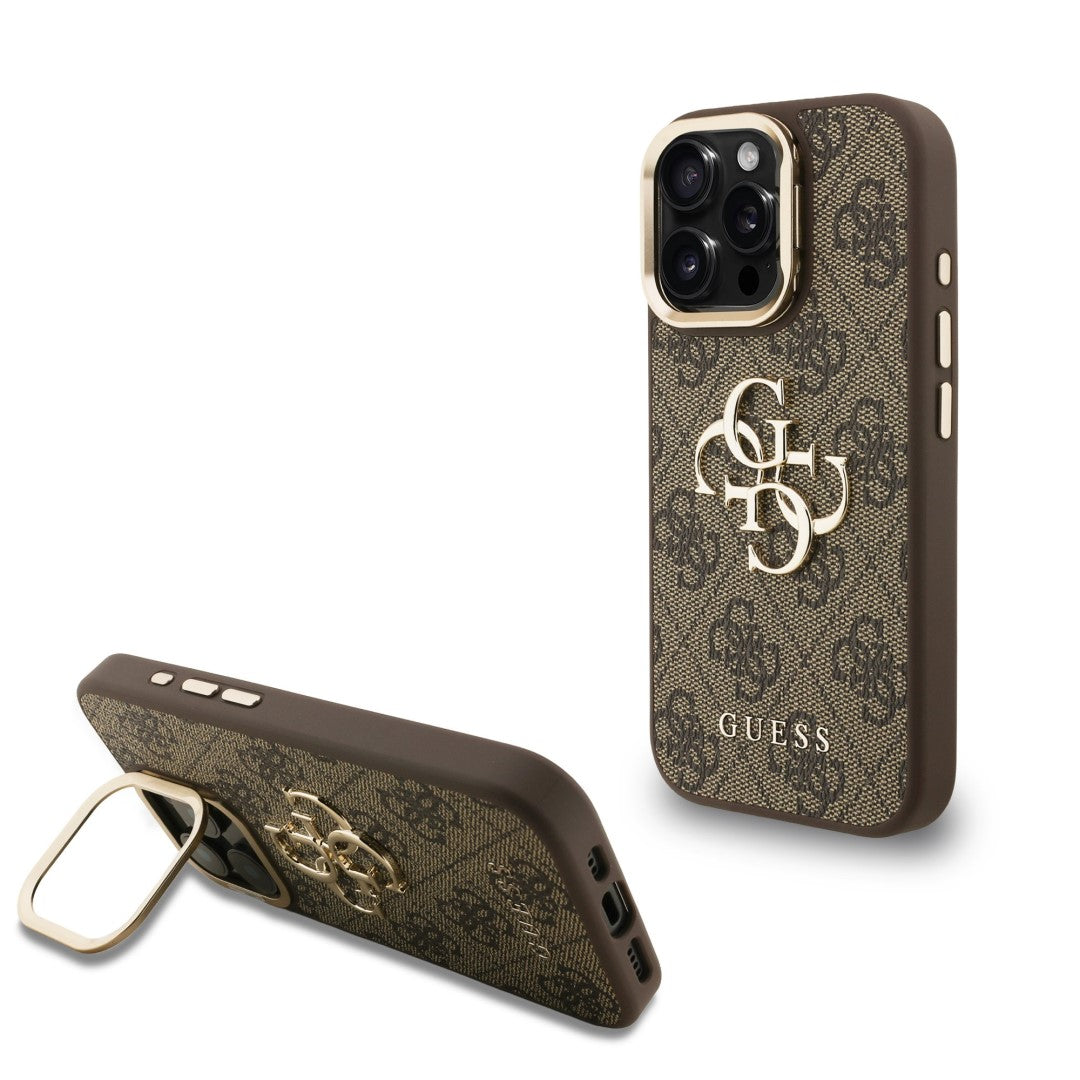 Guess GUHCP15LPCS4GP4W PU 4G Metal Logo Stand Camera Frame tok iPhone 15 Pro Brown