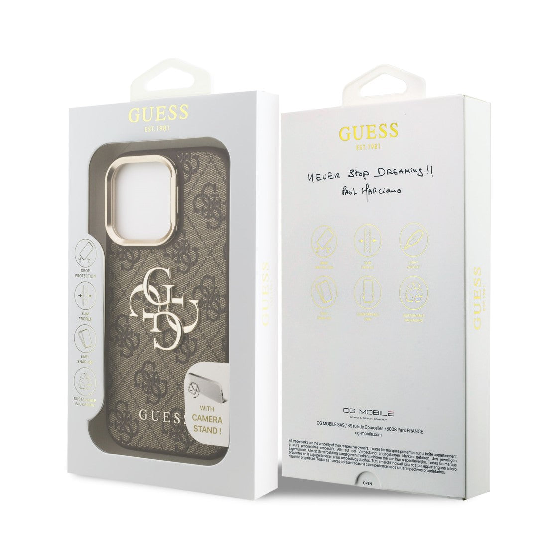 Guess GUHCP15LPCS4GP4W PU 4G Metal Logo Stand Camera Frame tok iPhone 15 Pro Brown