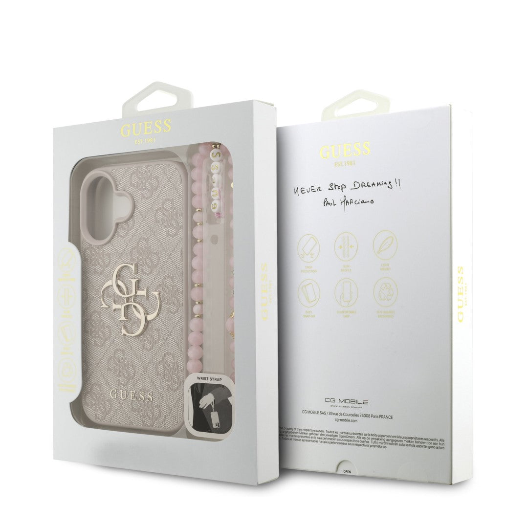 Guess GUHCP16SP4GMGSP PU W/ Strap 4G metal logo band case iPhone 16 Pink