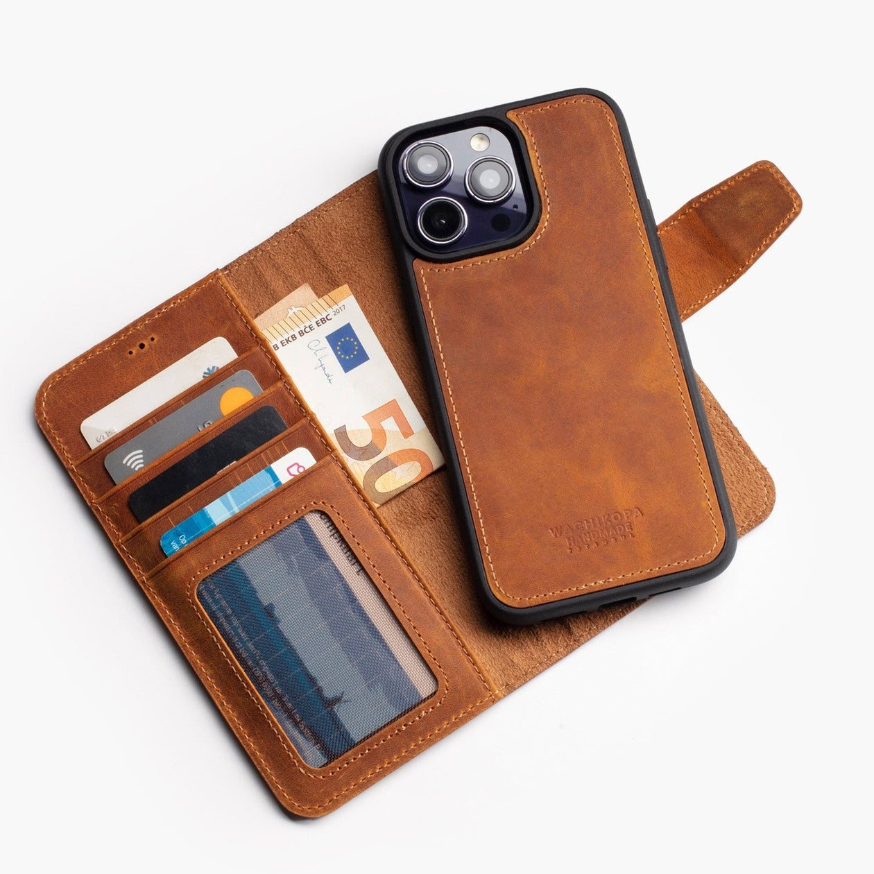 Wachikopa Leather Magic Book Case 2 in 1 for iPhone 16 Pro Max Brown