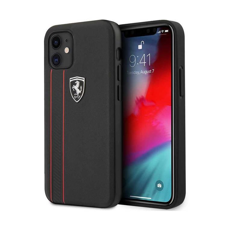 Ferrari FEODIHCP12SBK iPhone 12 mini black Off Track Genuine Leather Hard Case with Contrasted Stitched and Embossed Lines